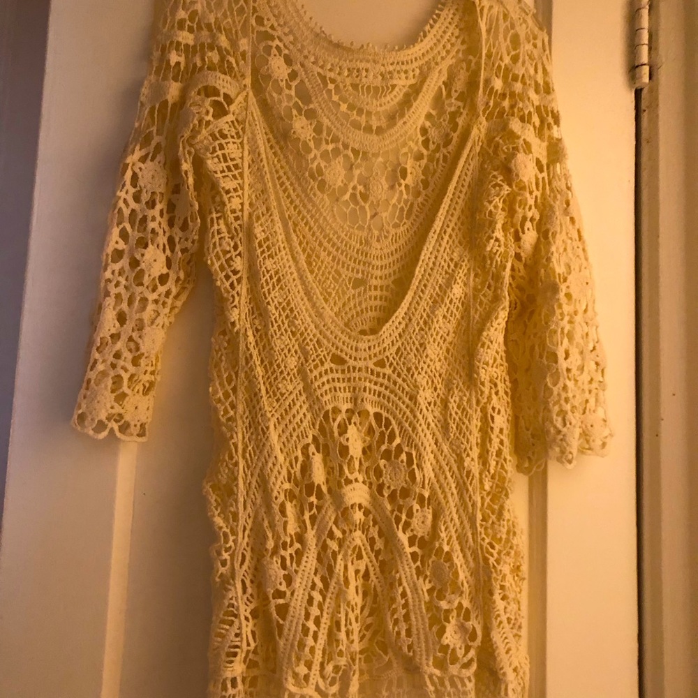 Macrame dress, long sleeves, v-back, 100% cotton